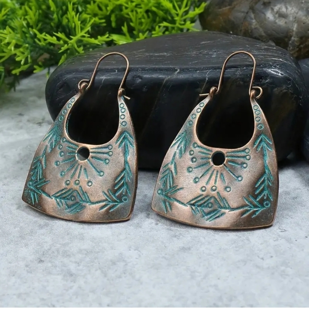 BRONZE earrings turquoise tribal engraved earrings boho ethnic design